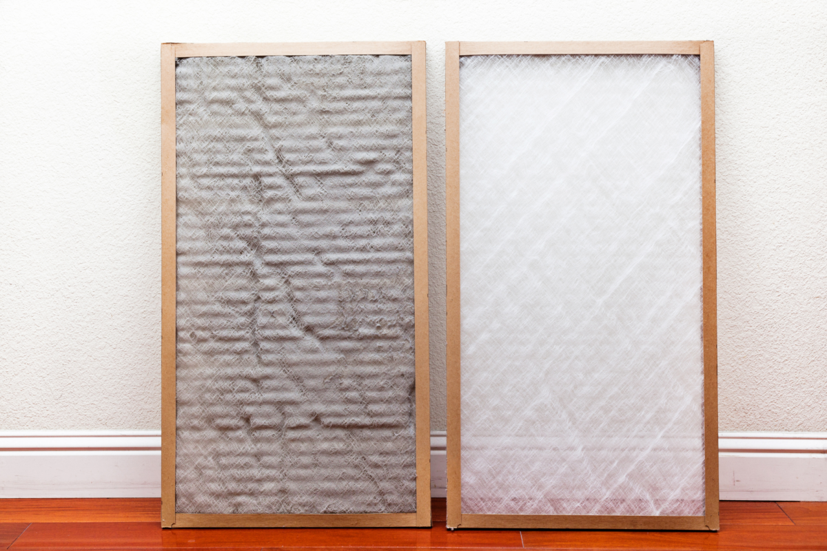 A dirty filter is shown compared to a clean filter.
