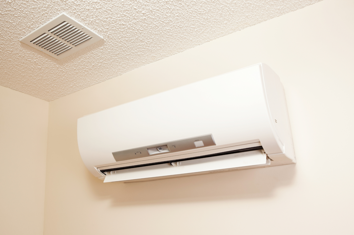 A wall-mounted ductless mini split unit.