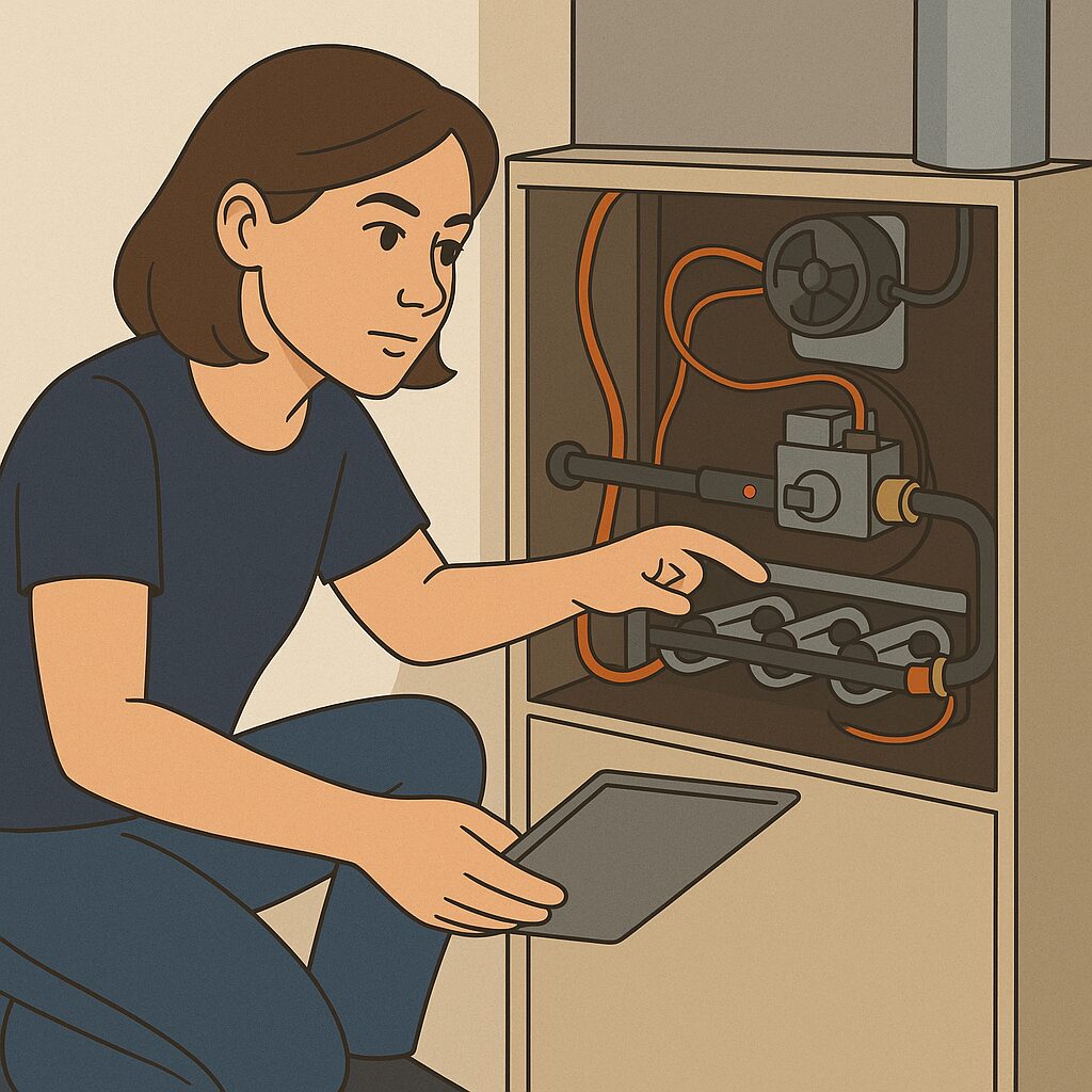 Homeowner performing troubleshooting and DIY maintenance on her furnace.