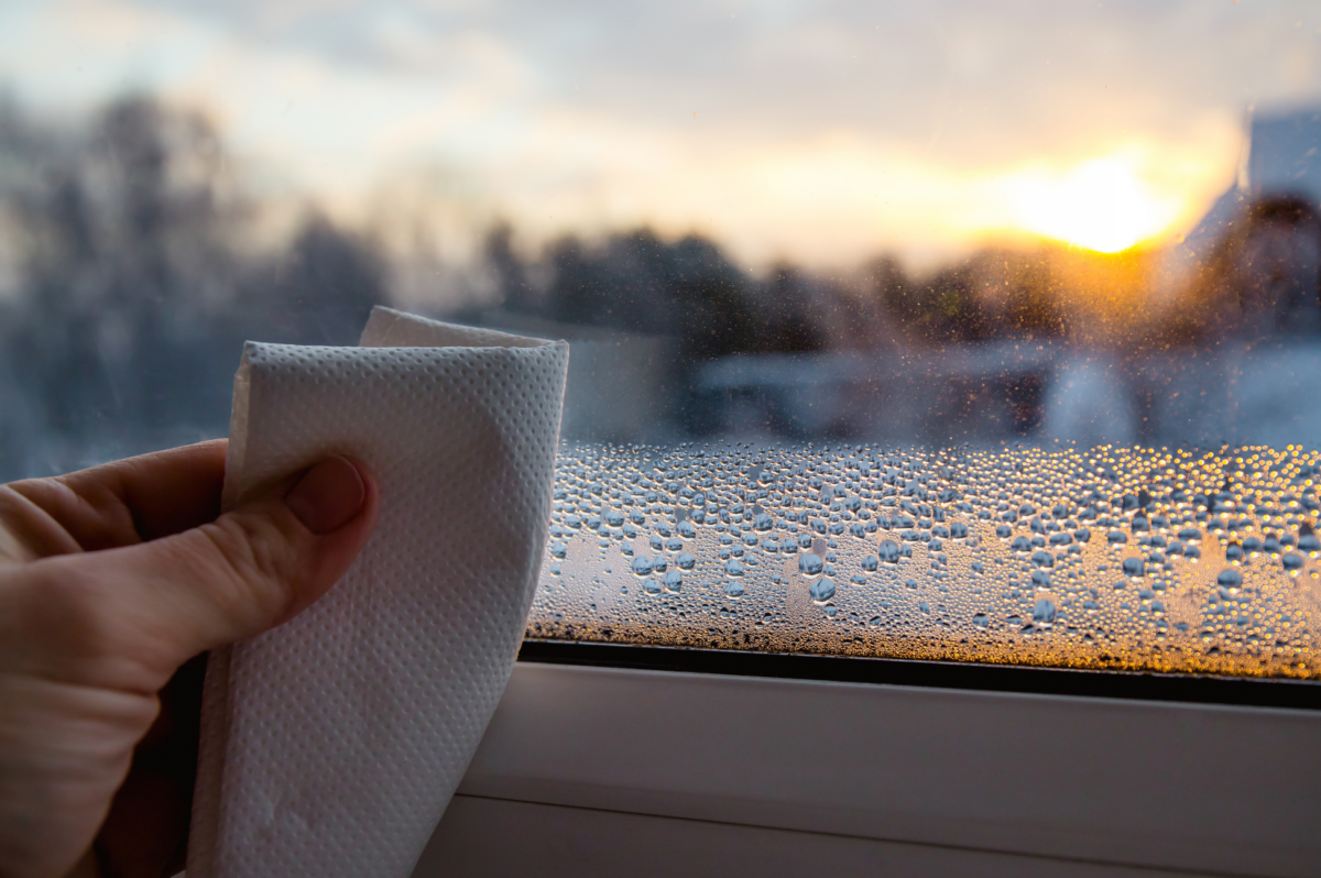 A woman wipes humidity from the lower edge of a window.