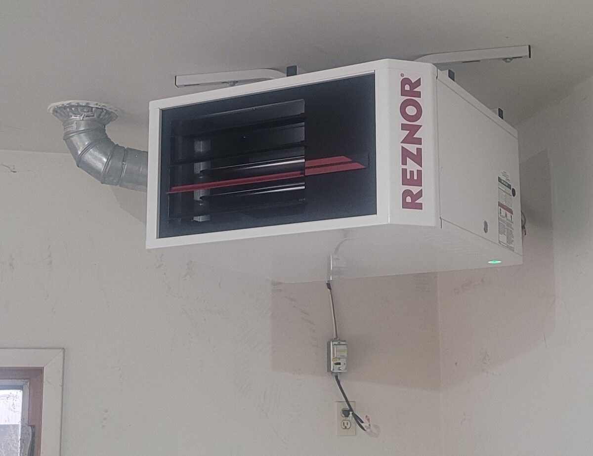 Reznor garage heater installed in a finished garage.
