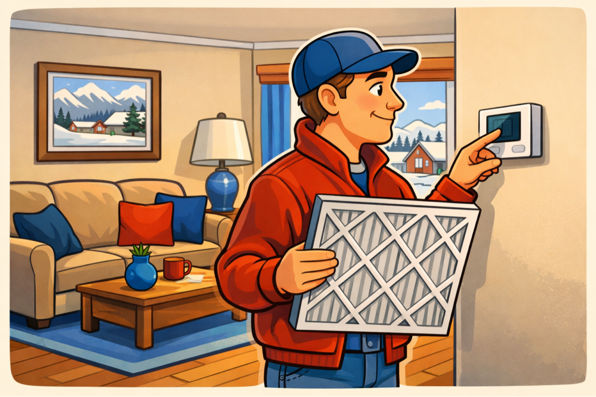 Homeowner in a Great Falls living room checking a wall thermostat while holding a clean furnace air filter; snowy neighborhood outside the window.