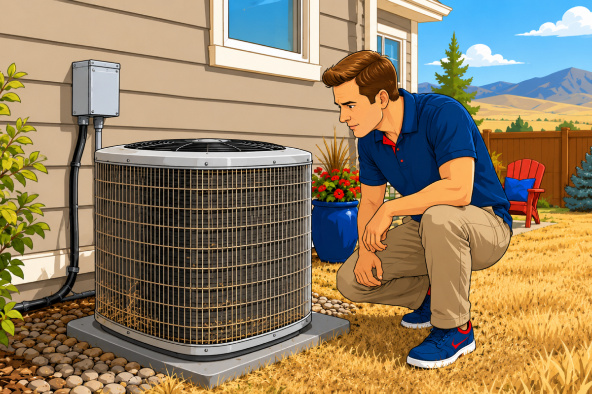 Outdoor air conditioning unit in a Great Falls Montana yard with dust and grass clippings on the coil fins, showing why outdoor AC unit cleaning matters.