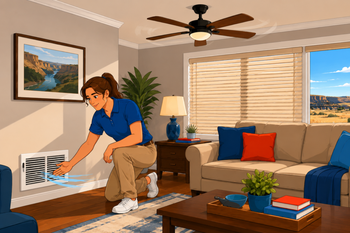 Great Falls homeowner going through the hot week home comfort checklist by checking an air-conditioning vent while blinds block strong afternoon sunlight during a hot Montana summer day.