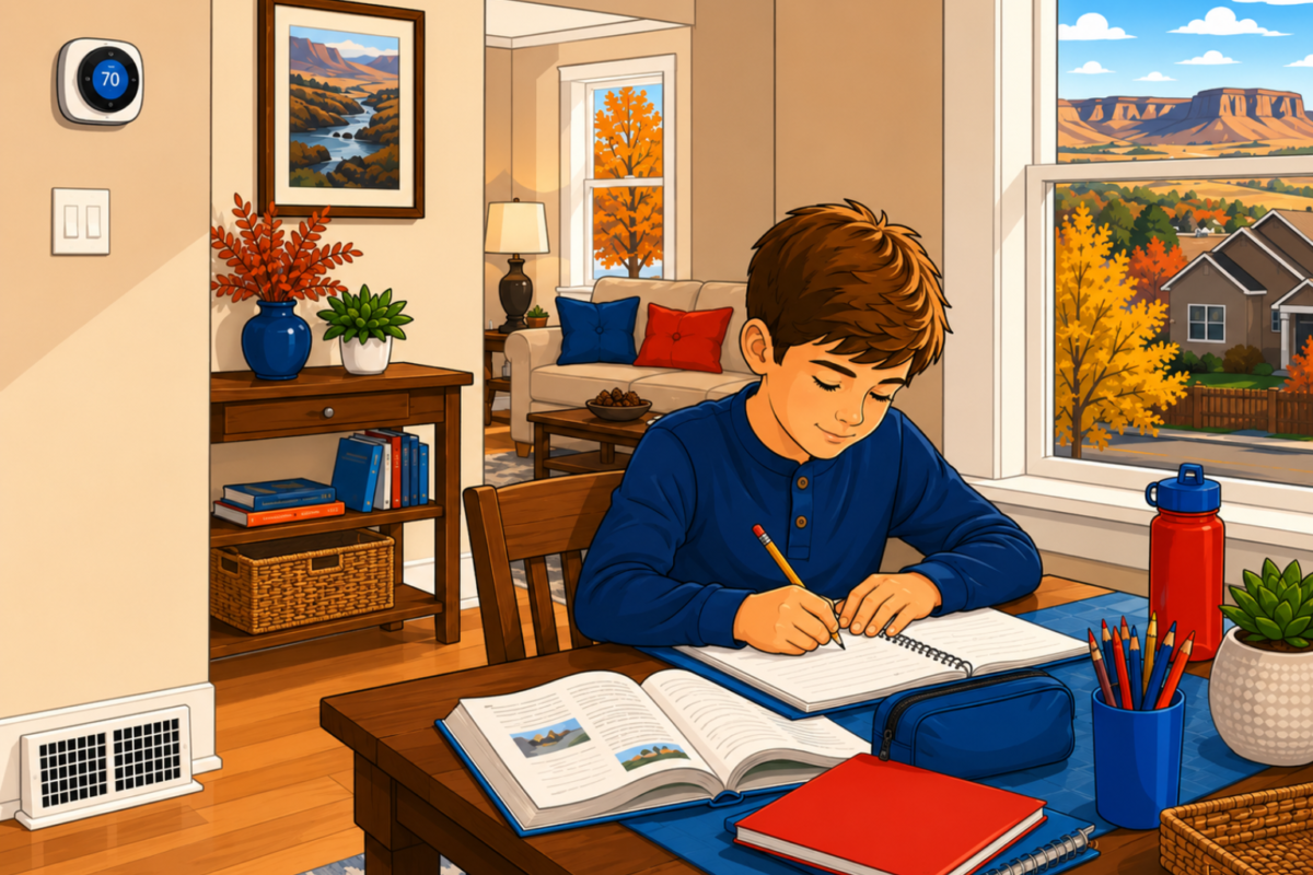 Child doing homework in a quiet Great Falls home with a clean HVAC vent and thermostat maintaining steady comfort. Back-to-school HVAC tips help make this a reality.