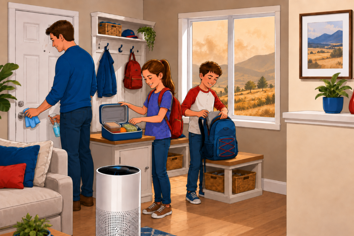 Great Falls family checking an HVAC filter while children unpack school backpacks during a hazy Montana wildfire season afternoon.
