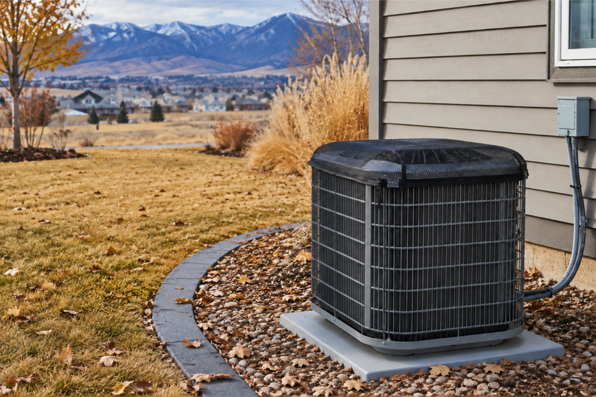 Outdoor AC unit cover on a central air conditioner surrounded by fallen leaves and dry Montana grass.