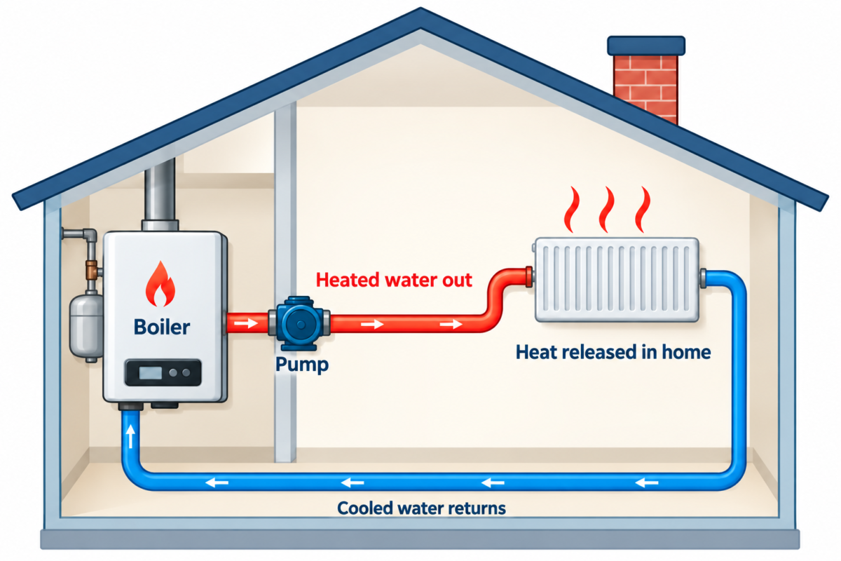 The residential boiler heat cycle: heated water leaves the boiler, radiates the heat, and the cool water returns to restart the cycle.