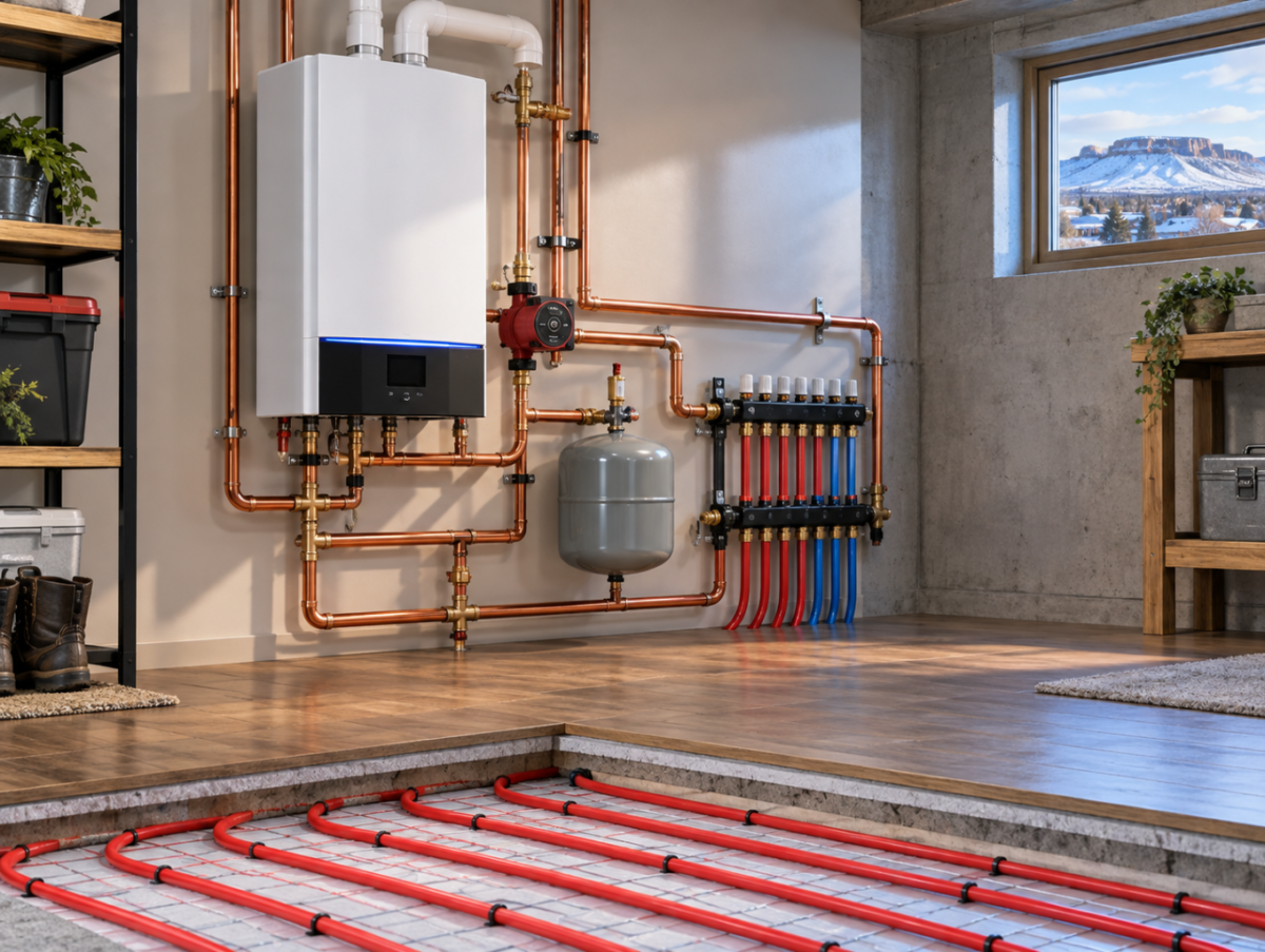 Residential boiler and radiant heating system with piping and radiant floor manifold in a Great Falls, Montana home.