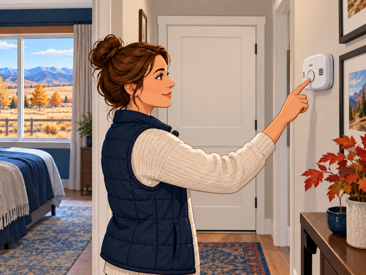 Homeowner checking a carbon monoxide alarm before using a furnace during the Montana heating season.